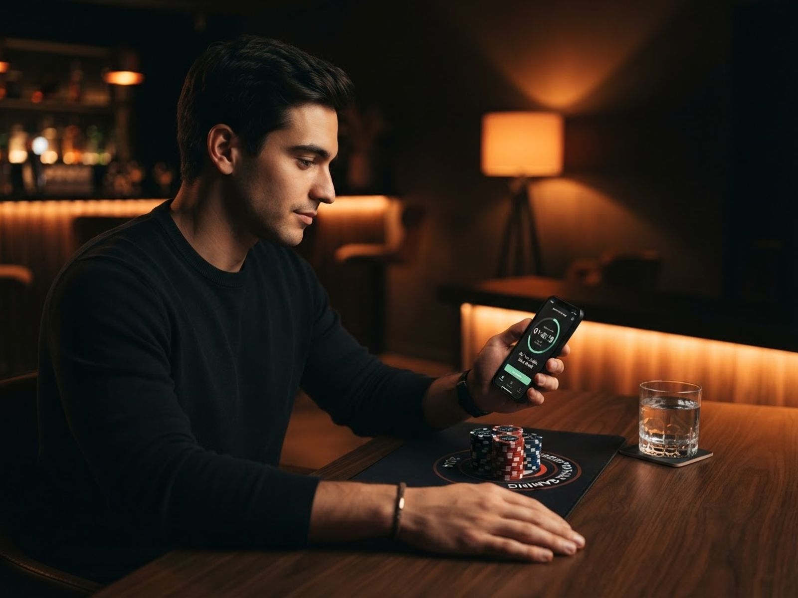 Speler met smartphone en casinofiches die verantwoord speelt