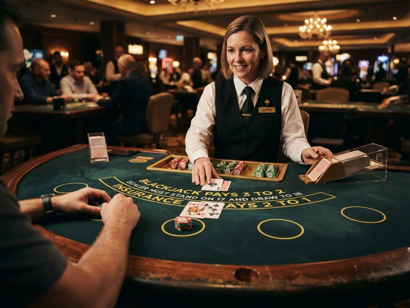 Live blackjack tafel met dealer en kaarten