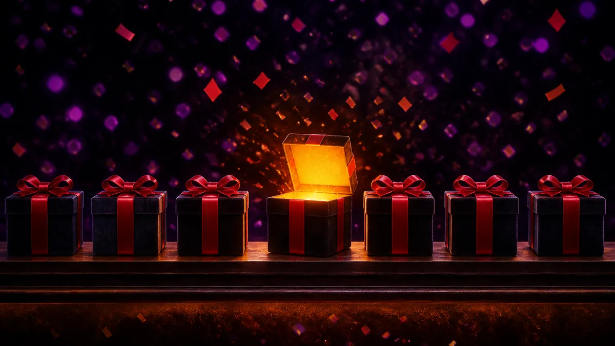 Zeven cadeaudozen met rode linten op een rij, de middelste open met warm licht