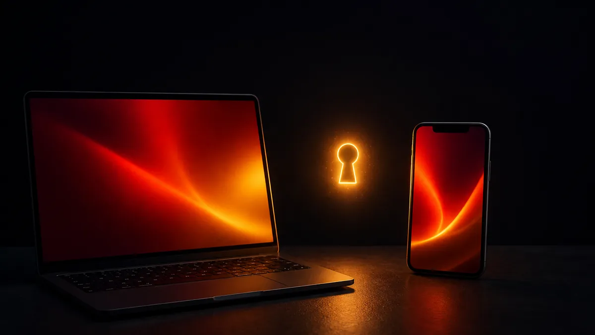 Laptop en smartphone naast elkaar met een gloeiend sleutelgat ertussen