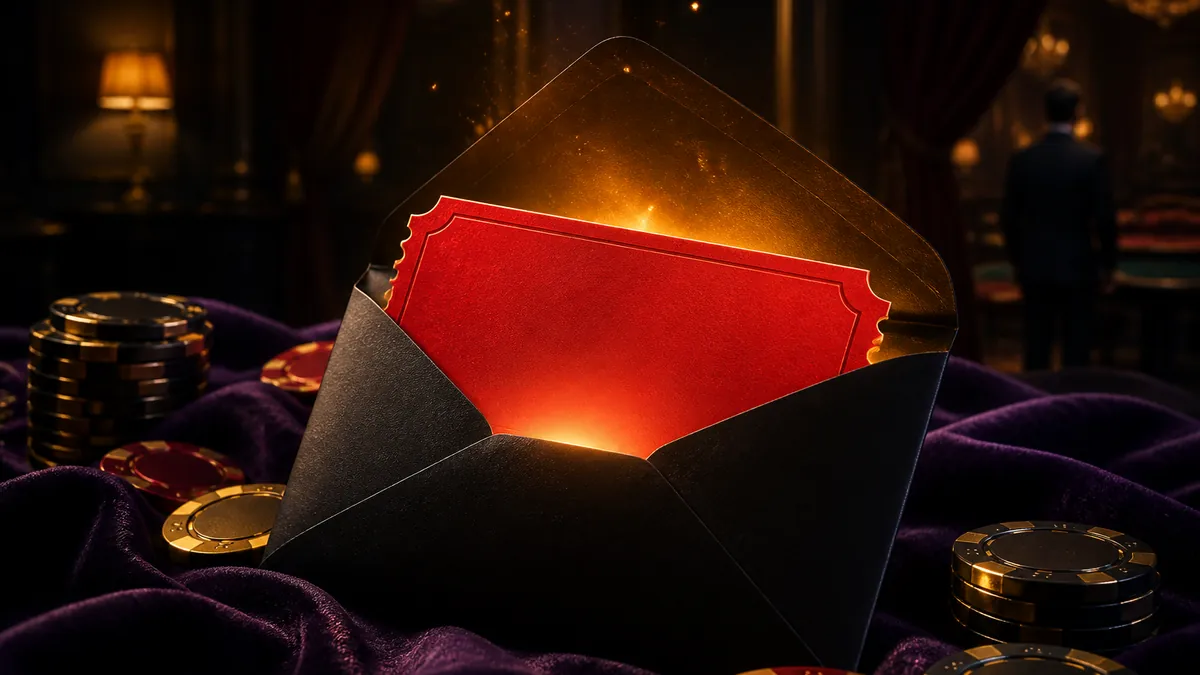 Half geopende envelop met een rood toegangskaartje en goudkleurig licht tussen casinofiches