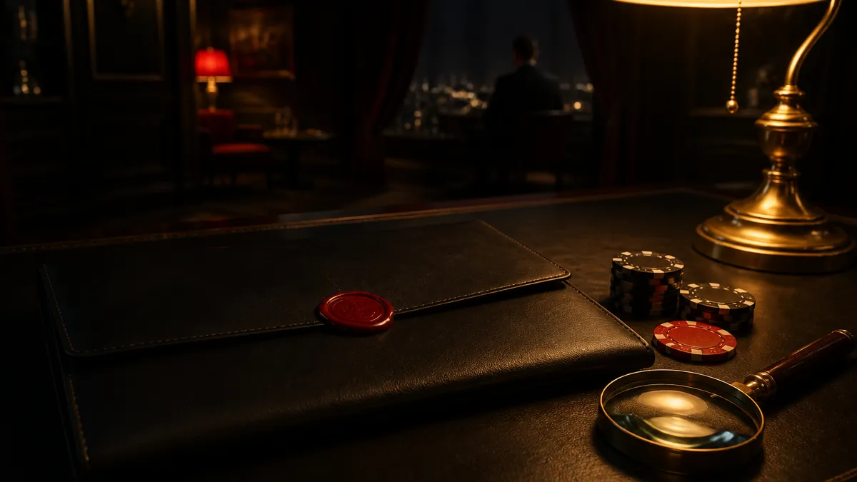 Gesloten leren map met rood lakzegel, vergrootglas en casinofiches onder een bureaulamp