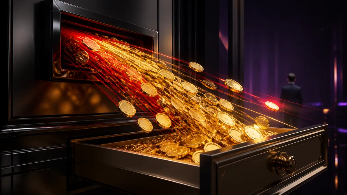 Stroom van gouden munten die uit een gleuf in een open lade valt