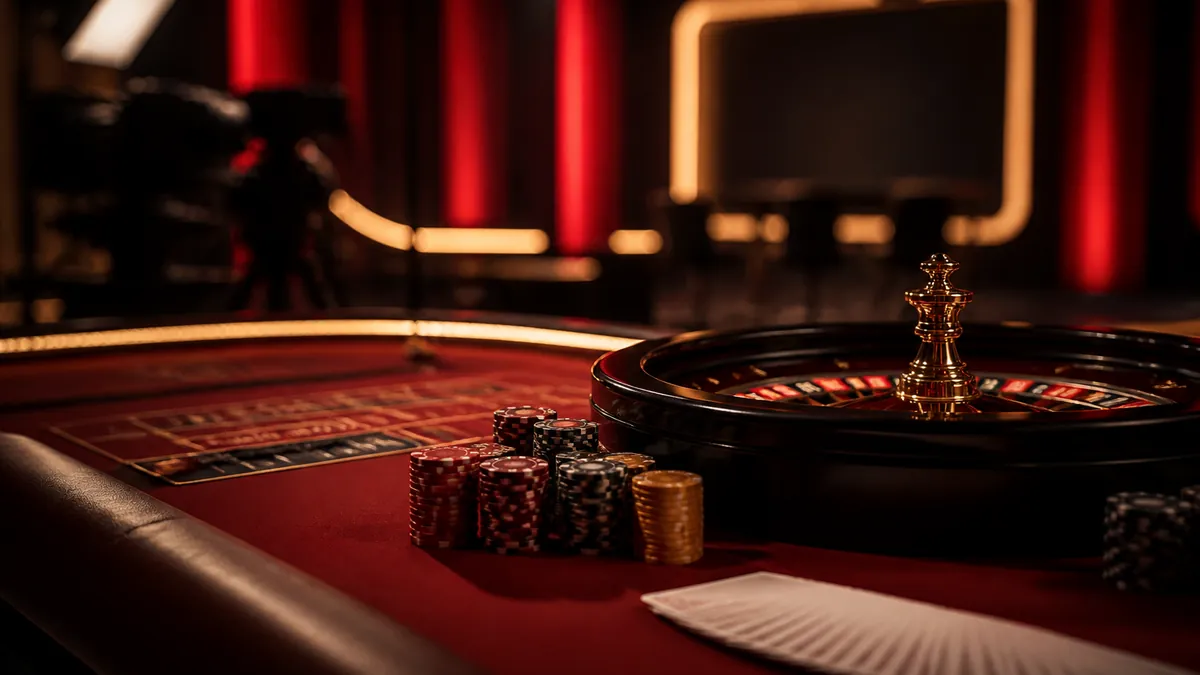 Live casinotafel met roulettewiel, fiches en speelkaarten in een studio