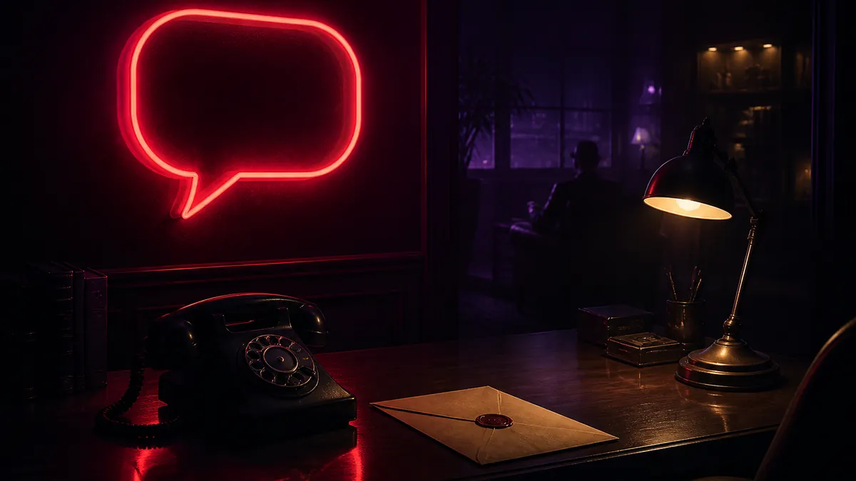 Rood neon tekstballon boven een bureau met een oude telefoon en een envelop